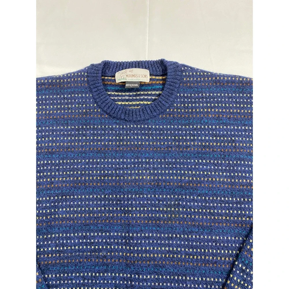 MDumas & Sons VTG Sweater Blue Striped 100% Merino Wool Grandpacore‎ Size L